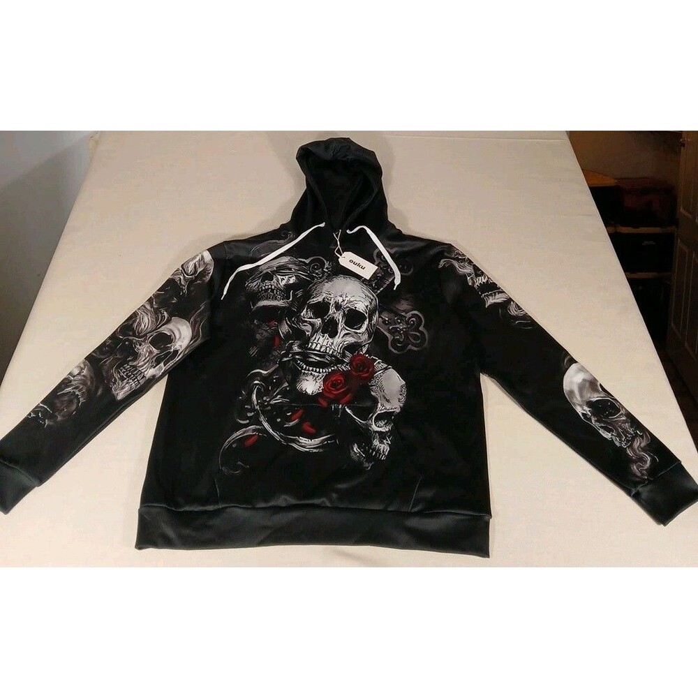 Mens Sz L Hooded Skulls Cross Roses OUKU New With Tag  Sick
